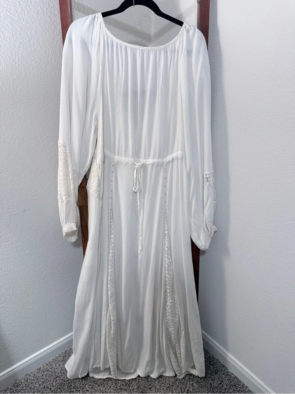 Free People Southwest Lace Cream Boho V-Neck Long Sleeve Maxi Dress Size LG
